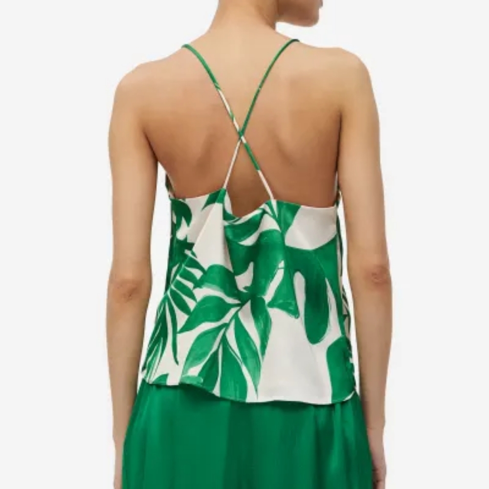 H&m Satin Camisole Top Floral Green Ecru Size M NWT